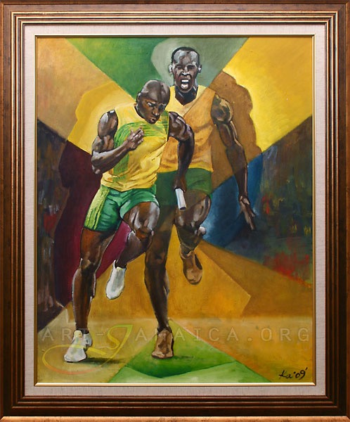 Kai Watson Painting with two runners on Jamaican coloured background