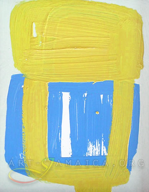 Abstract painting on board by Laura Hamilton in yellow and blue